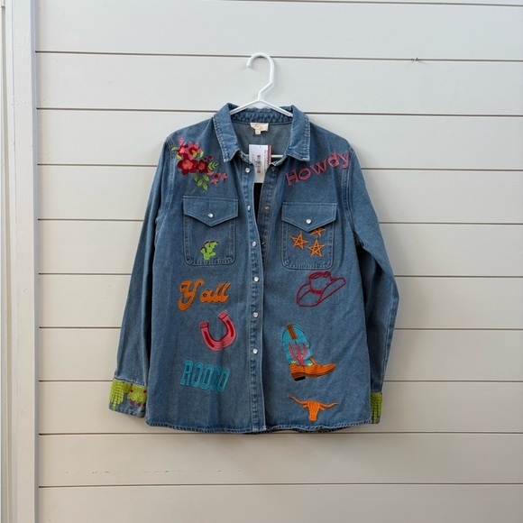 Embroidered Denim Button-Up Shirt - Picture 1 of 6